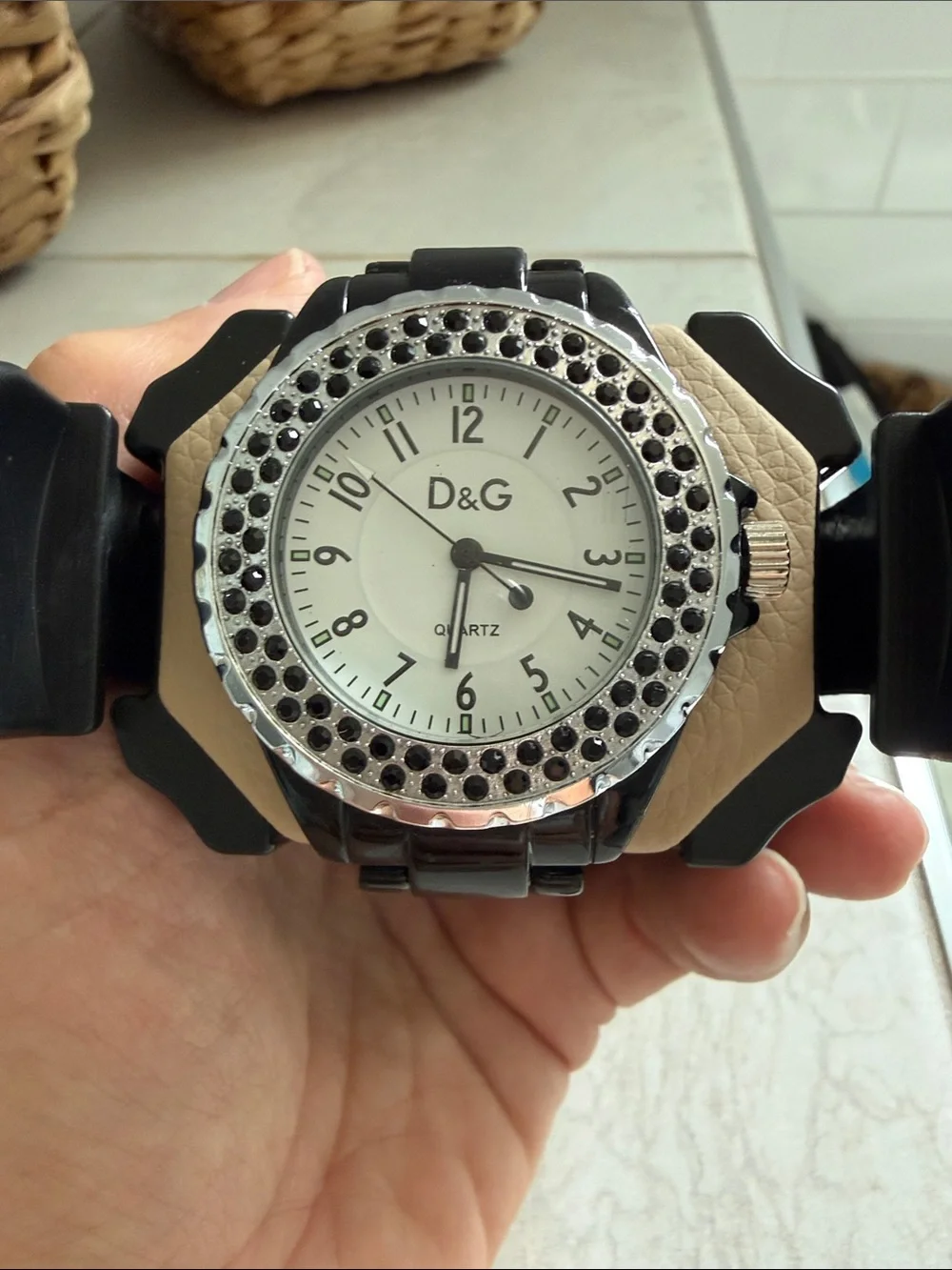 D&G Black and Beige Crystal Bezel Wristwatch